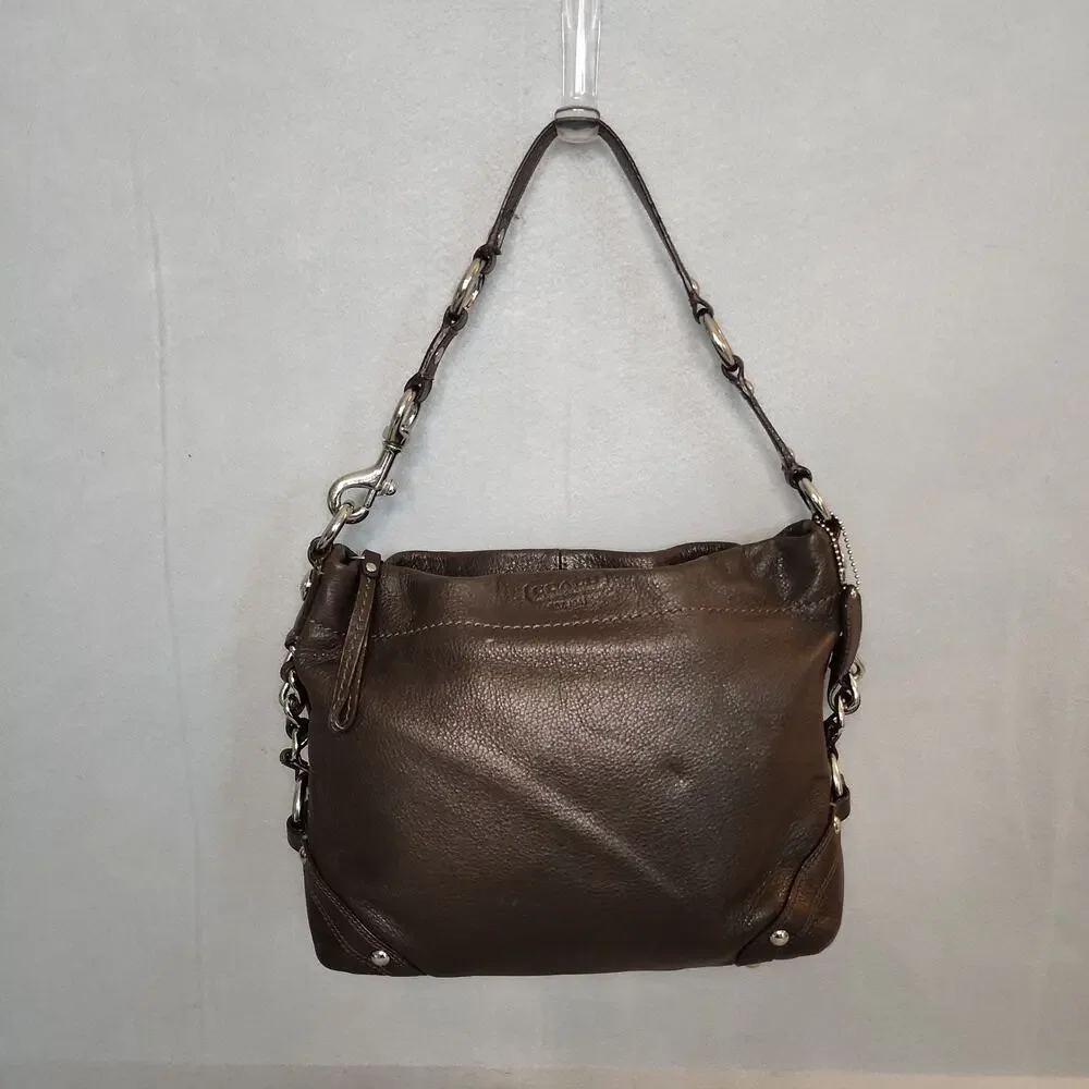COACH CARLY F1073-F15251 Dark Brown Pebbled Leather Chunky Chain Purse Bag Hobo